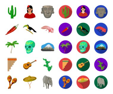 Ülke Meksika çizgi film, düz simgeler toplama tasarımı için ayarlayın. Meksika ve dönüm noktası sembol stok web illüstrasyon vektör.