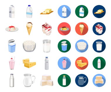 Süt ürün çizgi film, design.Milk ve gıda için küme toplama düz simgeler simge stok web illüstrasyon vektör.