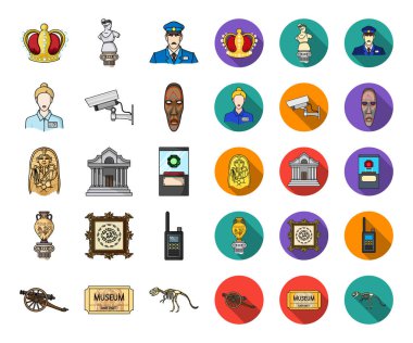 Müze ve Galeri çizgi film, düz simgeler toplama tasarımı için ayarlayın. Depolama ve serginin görülmeye değer parça sembol stok web illüstrasyon vektör.