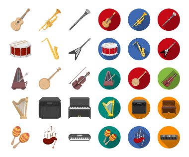 Müzik aleti çizgi film, set koleksiyonu tasarım için düz simgeler. Sembol stok web illüstrasyon vektör dize ve Nefesli/Üflemeli Saz.