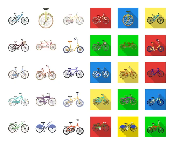 Varie biciclette cartone animato, icone piatte in collezione set per il design. Il tipo di trasporto vettore simbolo stock web illustrazione . — Vettoriale Stock