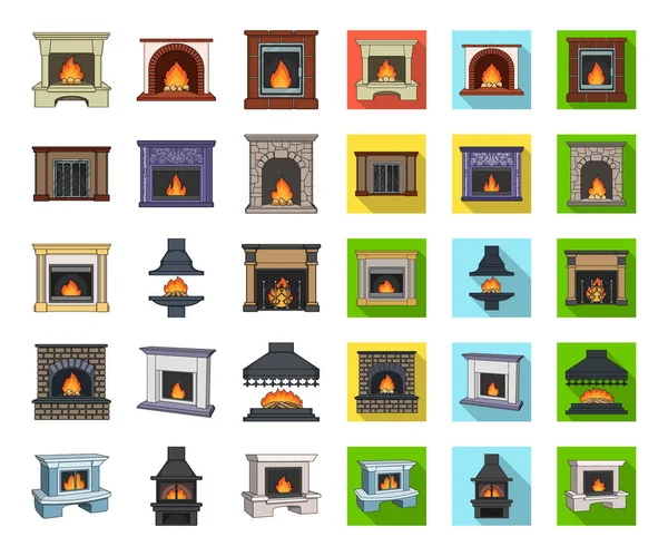 Diferentes tipos de lareiras desenhos animados, ícones planos na coleção de conjuntos para design.Fireplaces construção vetor símbolo web ilustração . — Vetor de Stock