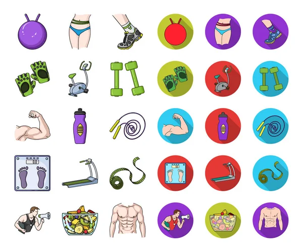 Fitness y atributos de dibujos animados, iconos planos en la colección de conjuntos para el diseño. Equipo de fitness vector símbolo stock web ilustración . — Archivo Imágenes Vectoriales