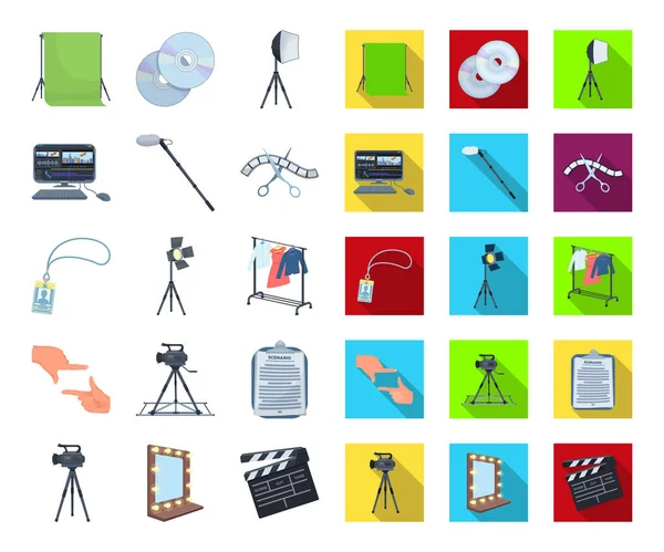 Hacer una película de dibujos animados, iconos planos en la colección de conjuntos para el diseño. Atributos y equipo vector símbolo stock web ilustración . — Archivo Imágenes Vectoriales