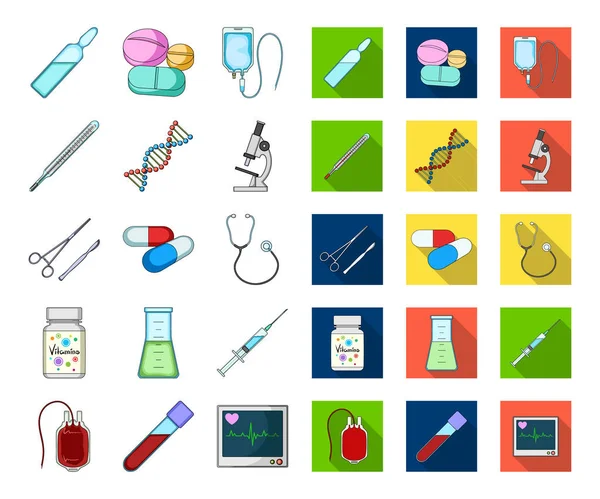 Cartone animato di medicina e trattamento, icone piatte nella collezione set per il design. Illustrazione web stock simbolo vettoriale di medicina e attrezzature . — Vettoriale Stock