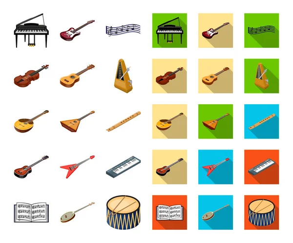 Musikinstrument tecknad, platt ikoner i set samling för design. Sträng- och blåsinstrument isometrisk vektor symbol stock web illustration. — Stock vektor