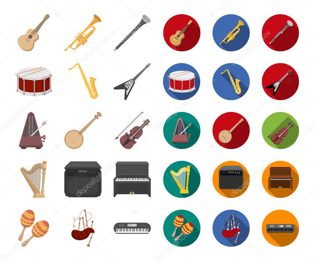 Musical instrument cartoon,flat icons in set collection for design. String and Wind instrument vector symbol stock web illustration.