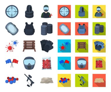 Paintball, takım oyunu çizgi film, set koleksiyonu tasarım için düz simgeler. Ekipman ve kıyafet sembol stok web illüstrasyon vektör.
