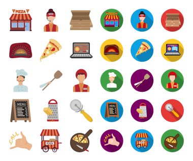 Pizza ve pizza çizgi film, düz simgeler toplama tasarımı için ayarlayın. Personel ve ekipman sembol stok web illüstrasyon vektör.