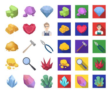 Değerli mineraller çizgi film, düz simgeler toplama tasarımı için ayarlayın. Kuyumcu ve ekipman sembol stok web illüstrasyon vektör.