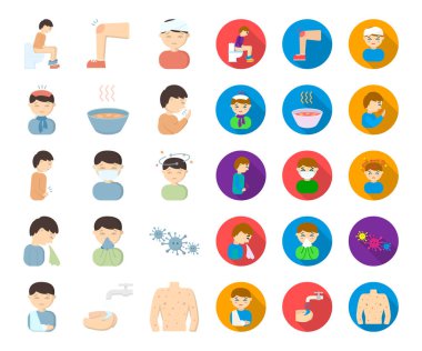 Hasta adam çizgi film, set koleksiyonu tasarım için düz simgeler. Hastalık ve tedavi sembol stok web illüstrasyon vektör.