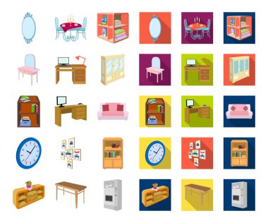 Mobilya ve iç çizgi film, set koleksiyonu tasarım için düz simgeler. Ev mobilyası izometrik sembol stok web illüstrasyon vektör.