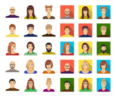 Avatar ve yüz çizgi film, düz simgeler toplama tasarımı için ayarlayın. Bir kişi görünümü vektör simge stok web çizim.