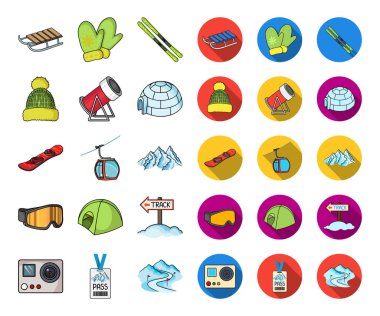 Ski resort ve ekipman çizgi film, düz simgeler toplama tasarımı için ayarlayın. Eğlence ve rekreasyon sembol stok web illüstrasyon vektör.