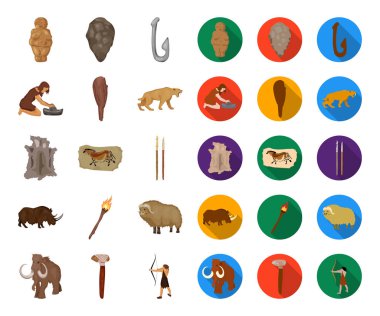 Taş devri çizgi film, set koleksiyonu tasarım için düz simgeler hayatta. Eski insanlar sembol stok web illüstrasyon vektör.