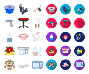 Dövme, vücut karikatür, çizim set koleksiyonu tasarım için düz simgeler. Sembol stok web illüstrasyon vektör dövme salonu ve ekipmanları.