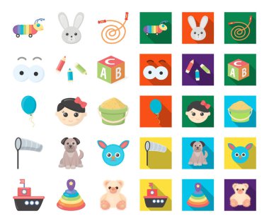 Çocuk çizgi film, set koleksiyonu tasarım için düz simgeler oyuncak. Oyun ve önemsiz şey sembol stok web illüstrasyon vektör.