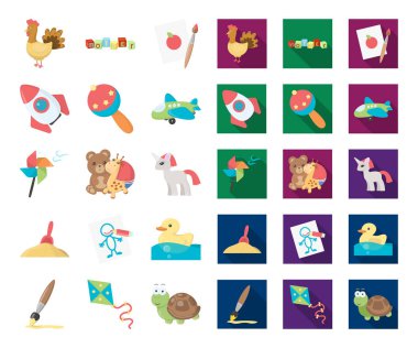 Çocuk çizgi film, set koleksiyonu tasarım için düz simgeler oyuncak. Oyun ve önemsiz şey sembol stok web illüstrasyon vektör.