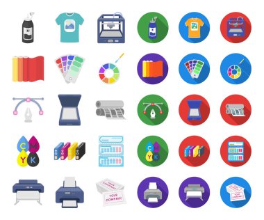 Matbaa ürünleri karikatür, set koleksiyonu tasarım için düz simgeler. Sembol stok web illüstrasyon vektör yazdırma ve ekipman.