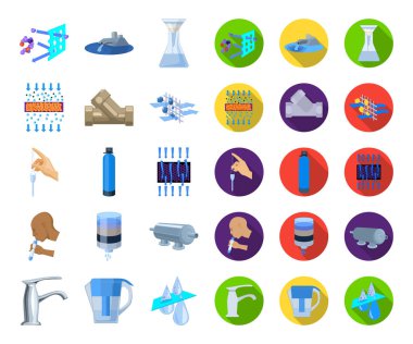 Su filtrasyon sistemi çizgi film, set koleksiyonu tasarım için düz simgeler. Temizlik ekipmanları vektör simge stok web çizim.