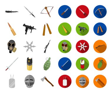 Silah, çeşitli karikatür, set koleksiyonu tasarım için düz simgeler. Ateşli silahlar ve kanatlı silah sembol stok web illüstrasyon vektör.