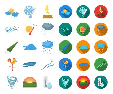 Farklı hava çizgi film, set koleksiyonu tasarım için düz simgeler. İşaretler ve hava vektör özelliklerini hisse senedi web illüstrasyon simgesi.