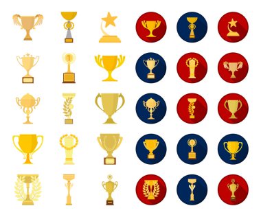 Gold Cup çizgi film, düz simgeler toplama tasarımı için ayarlayın. Kazananlar Kupası vektör simge stok web çizim.