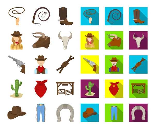 Rodeo, competitie tekenfilm, plat pictogrammen in set collectie voor design. Cowboy en apparatuur symbool voorraad web vectorillustratie. — Stockvector