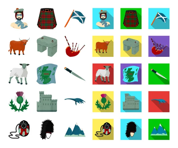 Country Scotland dessin animé, des icônes plates dans la collection de set pour le design. Visites, culture et tradition symbole vectoriel stock illustration web . — Image vectorielle