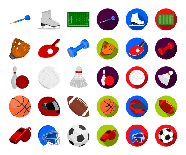 Diversi tipi di cartoni animati sportivi, icone piatte nella collezione set per il design. Sport attrezzature vettore simbolo stock web illustrazione . — Vettoriale Stock