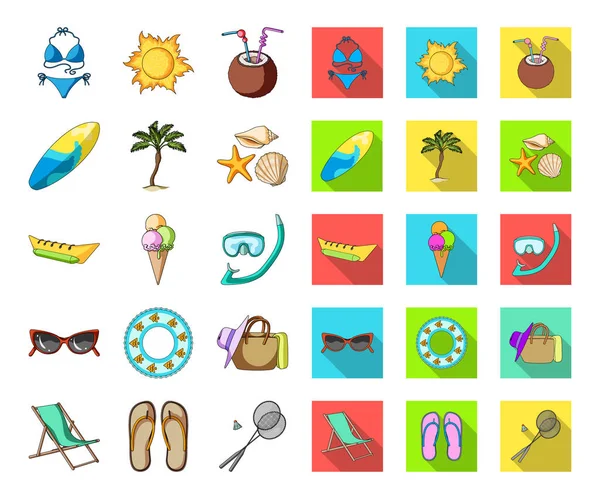 Yaz dinlenme çizgi film, set koleksiyonu tasarım için düz simgeler. Beach aksesuar vektör simge stok web çizimi.