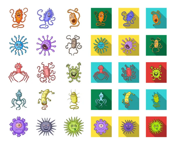 Tipe kartun mikroba lucu, ikon datar dalam koleksi set untuk desain. Mikroba patogen vektor simbol saham web ilustrasi . - Stok Vektor
