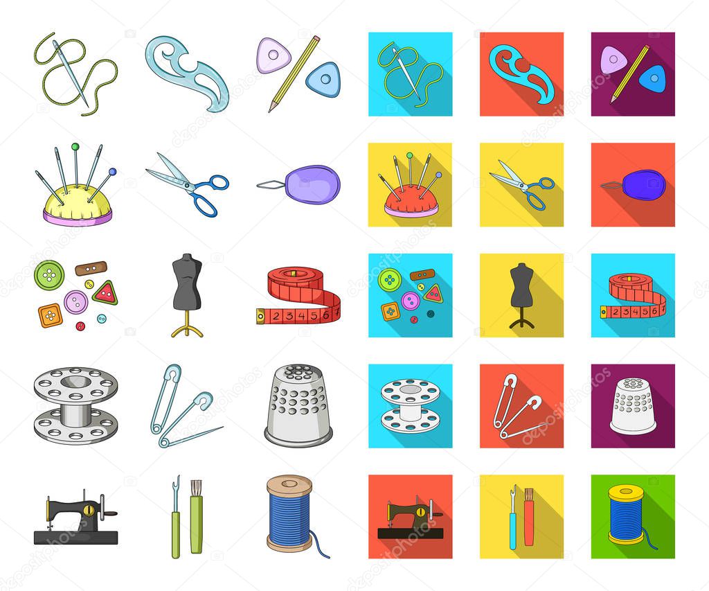 Sewing, atelier cartoon,flat icons in set collection for design. Tool kit vector symbol stock  illustration.