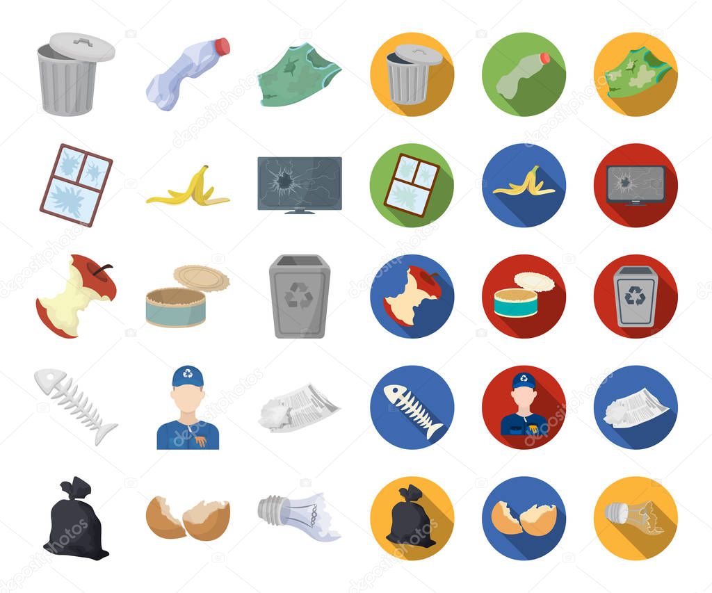 Garbage and waste cartoon,flat icons in set collection for design. Cleaning garbage vector symbol stock web illustration.
