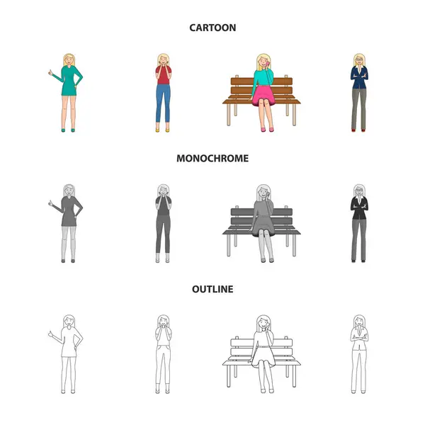Illustrazione vettoriale della postura e segno dell'umore. Raccolta di posture e icone vettoriali femminili per stock . — Vettoriale Stock