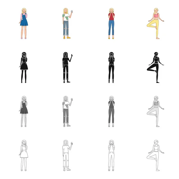 Vektorové ilustrace ikony pozice a náladou. Držení těla a samice burzovní symbol pro web. — Stockový vektor