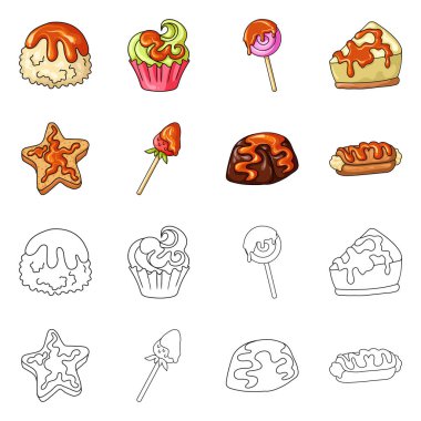 Şekerlemeler ve mutfak logo vektör tasarımı. Şekerlemeler ve hisse senedi için ürün vektör simge kümesi.