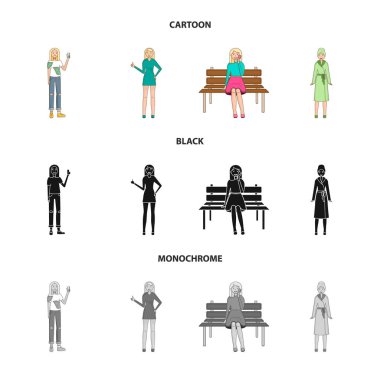 Duruş ve ruh hali logo yalıtılmış nesne. Duruş ve hisse senedi için kadın vektör simge kümesi.