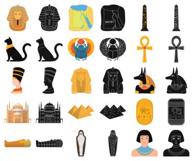 Set koleksiyonu tasarım için Antik Mısır çizgi film, siyah simgeler. Firavun saltanatı sembol stok web illüstrasyon vektör.