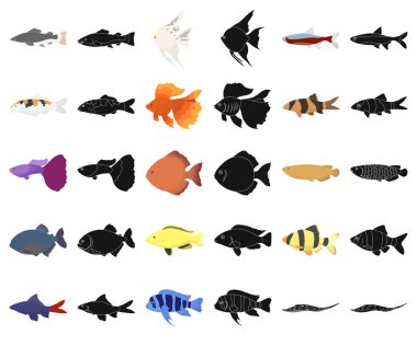 Balık çizgi film, siyah simgeler set koleksiyonu tasarım için farklı türde. Deniz ve akvaryum balık sembol stok web illüstrasyon vektör.