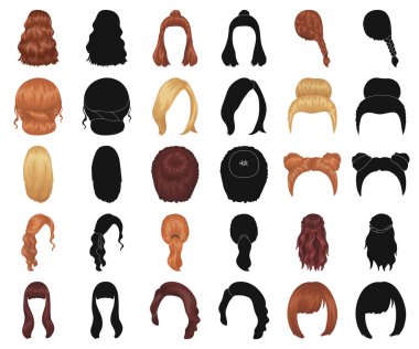 Set koleksiyonu tasarım için kadın saç modeli çizgi film, siyah simgeler. Şık saç kesimi vektör simge stok web çizimi.