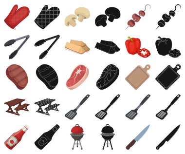 Set koleksiyonu tasarım için Barbekü ve ekipman çizgi film, siyah simgeler. Piknik ve kızartmaları sembol stok illüstrasyon vektör.