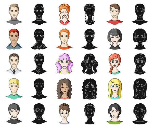 Avatar y la cara de dibujos animados, iconos negros en la colección de conjuntos para el diseño. Una persona apariencia vector símbolo stock web ilustración . — Vector de stock