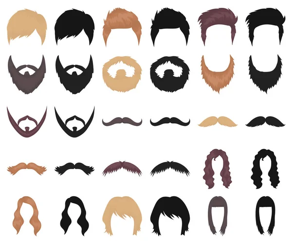 Mustasch och skägg, frisyrer, tecknad svart ikoner i set insamling för design. Snygg frisyr vektor symbol lager web illustration. — Stock vektor