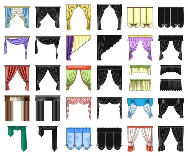 Olika typer av gardiner tecknad, svart ikoner i set samling för design. Gardiner och lambrequiner vektor symbol lager web illustration. — Stock vektor