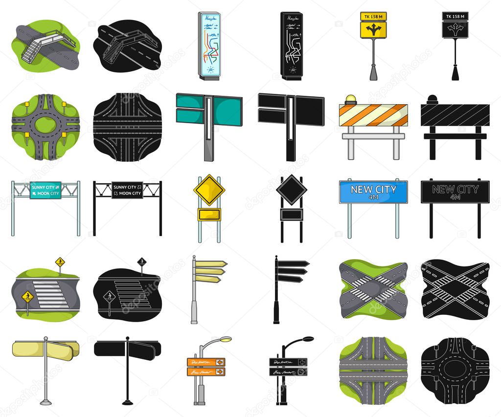 Road junctions and signs cartoon,black icons in set collection for design.Pedestrian crossings and signs vector symbol stock web illustration.