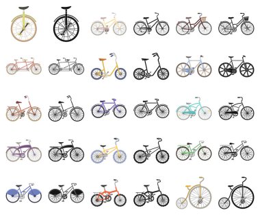 Set koleksiyonu tasarım için çeşitli Bisiklet çizgi film, siyah simgeler. Ulaşım vektör simge stok web örnek tür.