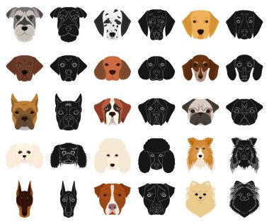 Köpek ırkları set koleksiyonu tasarım için çizgi film, siyah simgeler. Bir köpek vektör simge stok web illüstrasyon namlu.