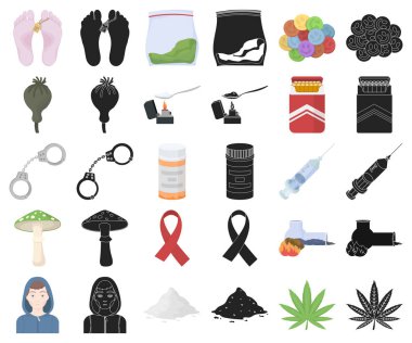 Set koleksiyonu tasarım için uyuşturucu bağımlılığı ve öznitelikleri çizgi film, siyah simgeler. Sembol stok web illüstrasyon vektör bağımlısı ve uyuşturucu.