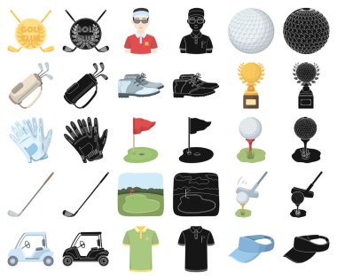 Set koleksiyonu tasarım için Golf ve öznitelikleri çizgi film, siyah simgeler. Golf Kulübü ve ekipman sembol stok web illüstrasyon vektör.